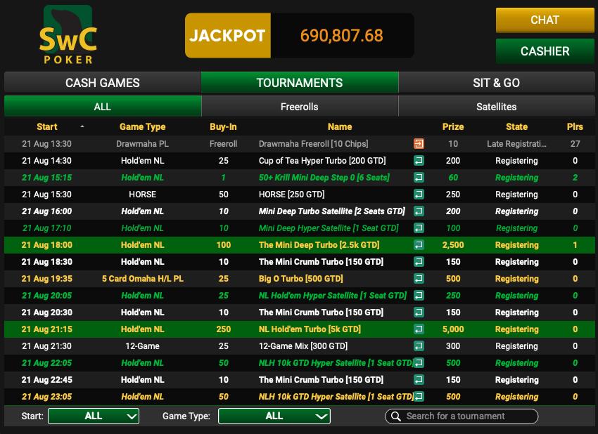 SwC Poker Tournament Lobby
